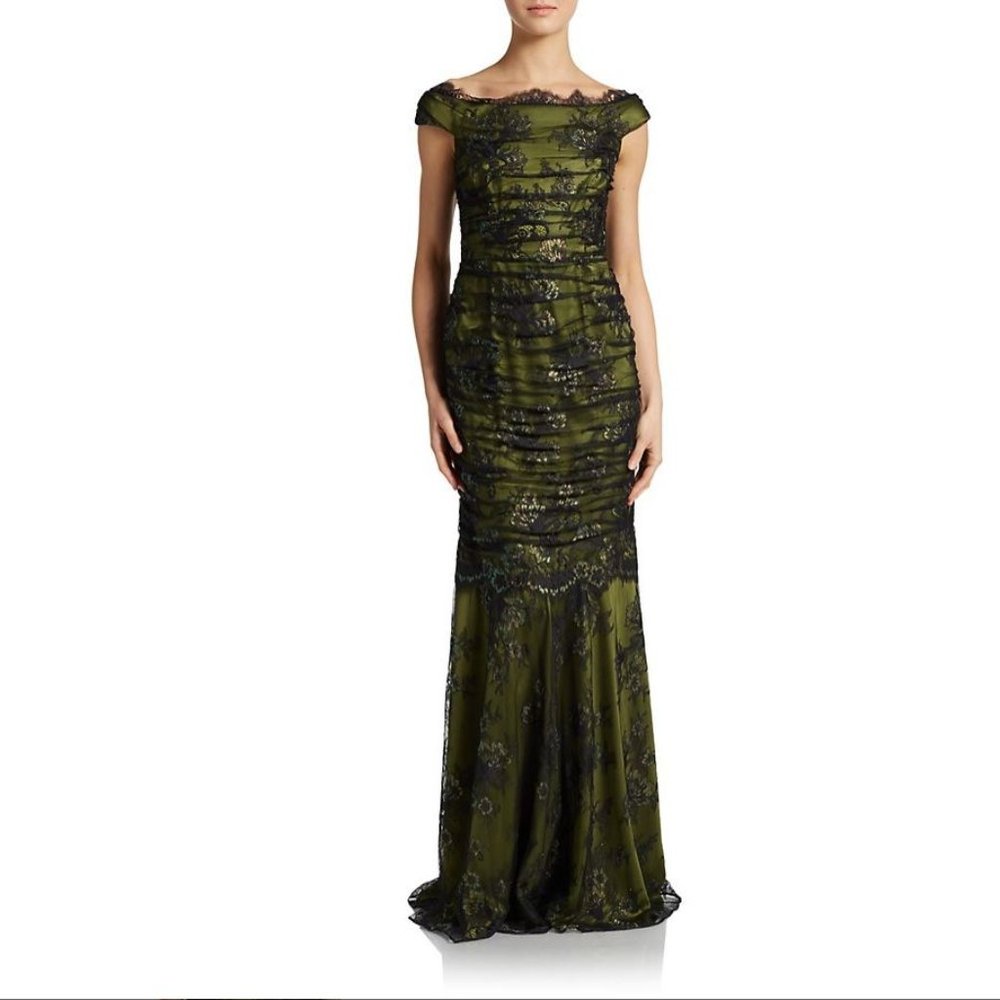Kay Unger Olive Green Net Overlay Mermaid Dress